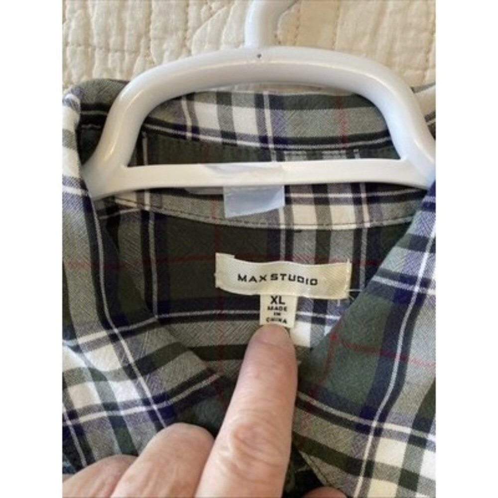 Max Studio Buffalo Plaid Shirt Green & White XL Adjustable Long Sleeves Rayon - Picture 8 of 12